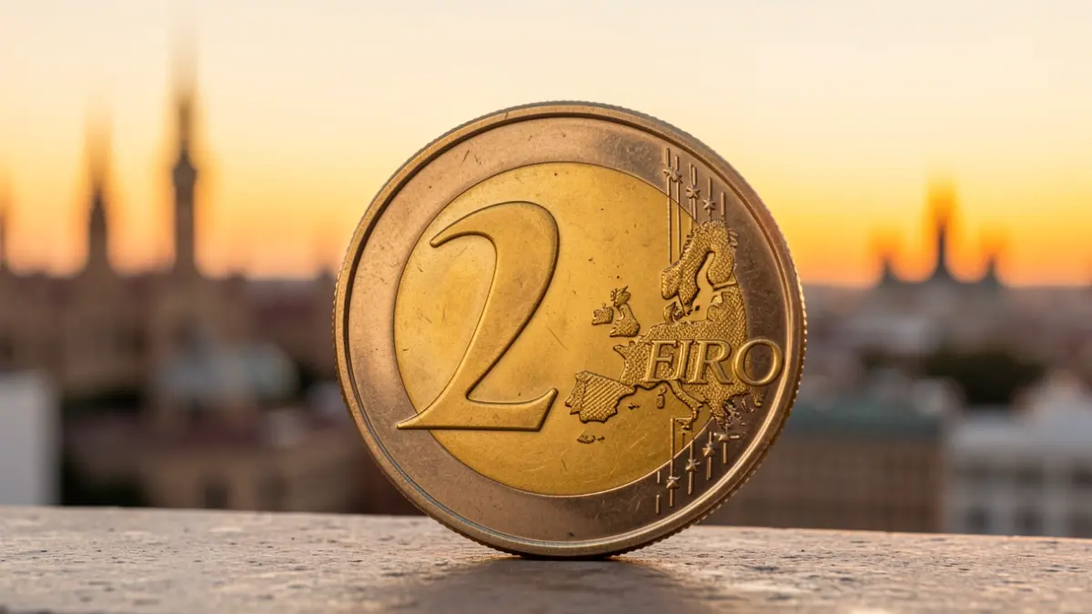 Close-up of a Spanish euro coin with the Madrid skyline blurred at sunset.
