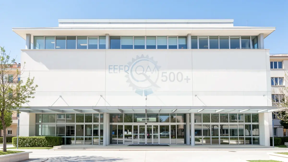 Facade of the Hospital Universitario El Escorial with the EFQM 500+ quality seal.