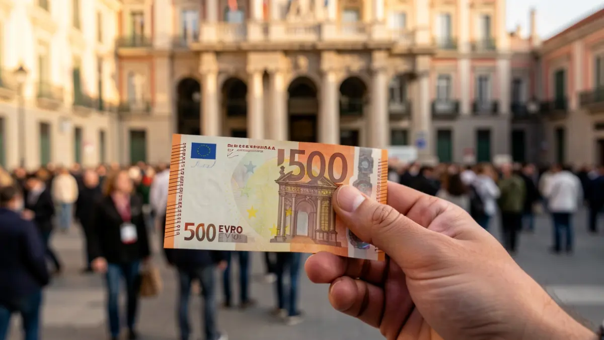 Billetes de 500 euros en primer plano con el edificio del Instituto Nacional de la Seguridad Social al fondo.