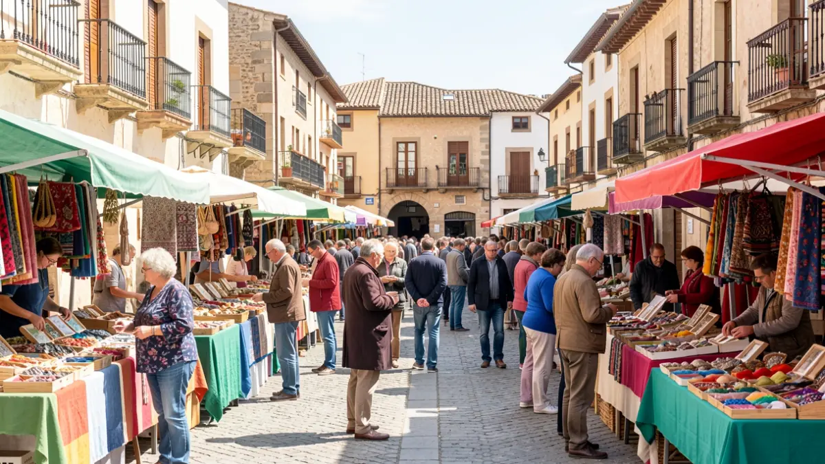 Generic image of an outdoor municipal market in a Spanish square.