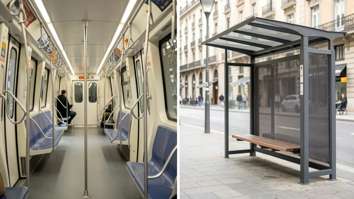 Imagen dividida mostrando un vagón de metro moderno y una marquesina de autobús vacía, representando tendencias opuestas en el transporte urbano de Madrid.