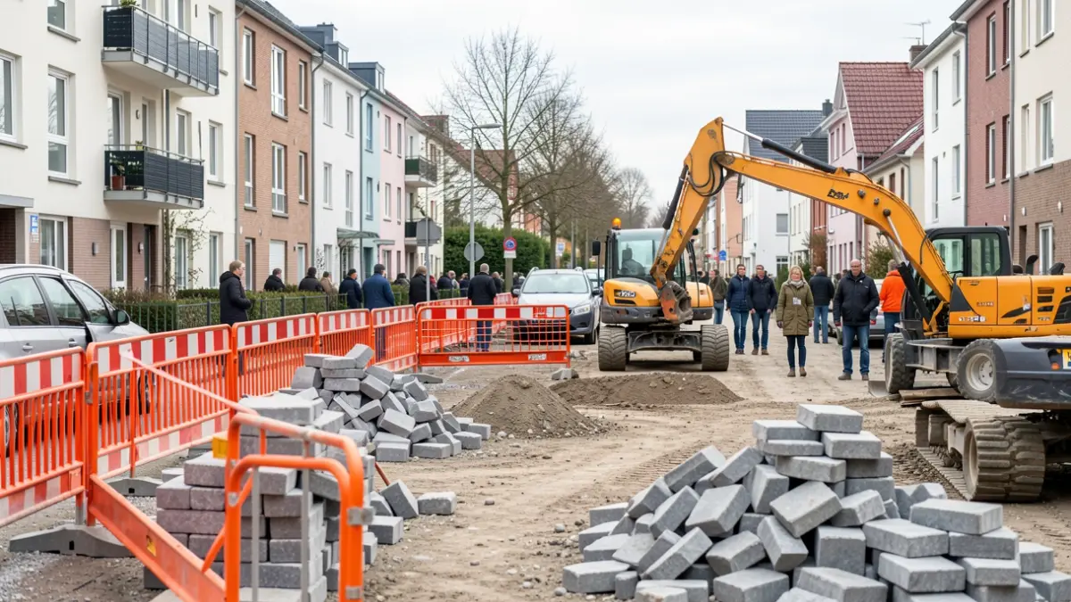 Urban regeneration works in a residential neighborhood with construction materials and safety barriers.