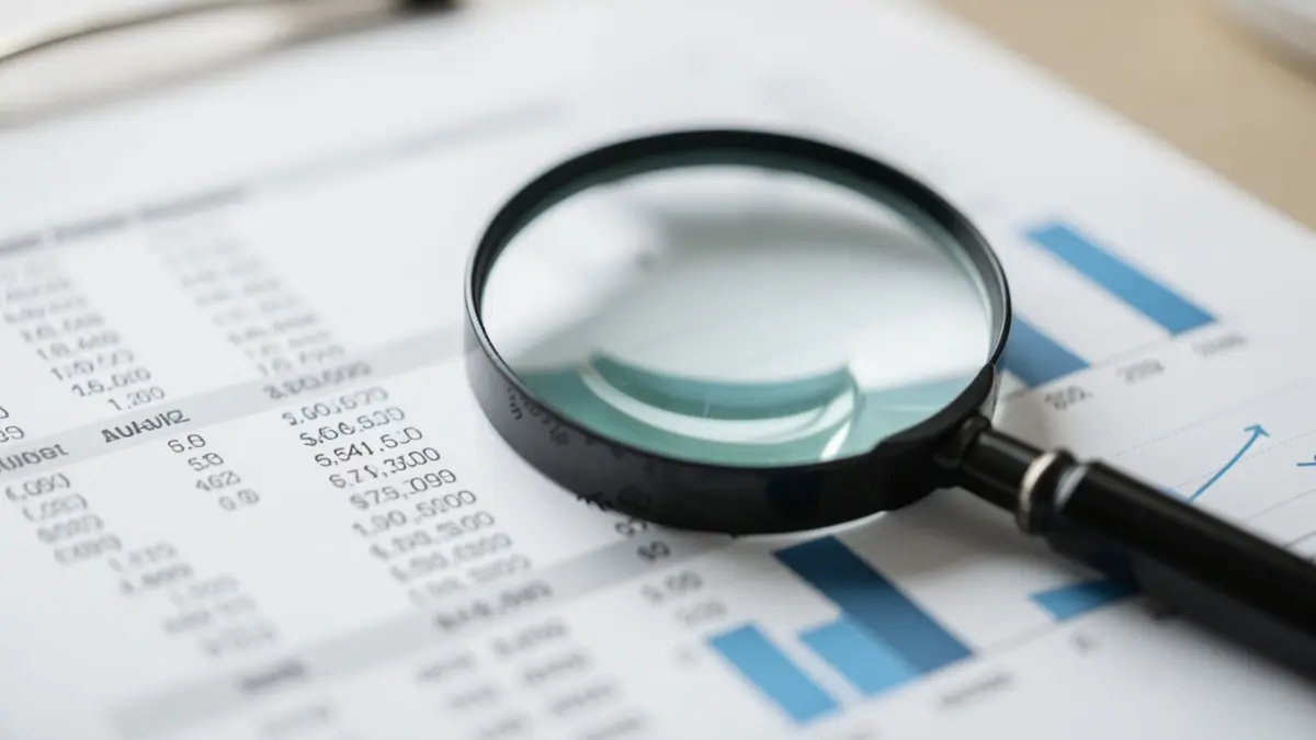 Informe de auditoría financiera con lupa, indicando dudas económicas.