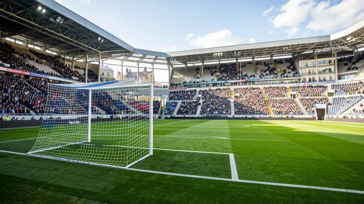 Generic image of an empty football stadium with the pitch and goal.