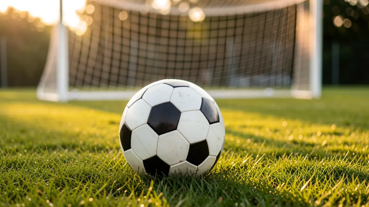 Imagen genérica de un balón de fútbol sobre el césped al atardecer.