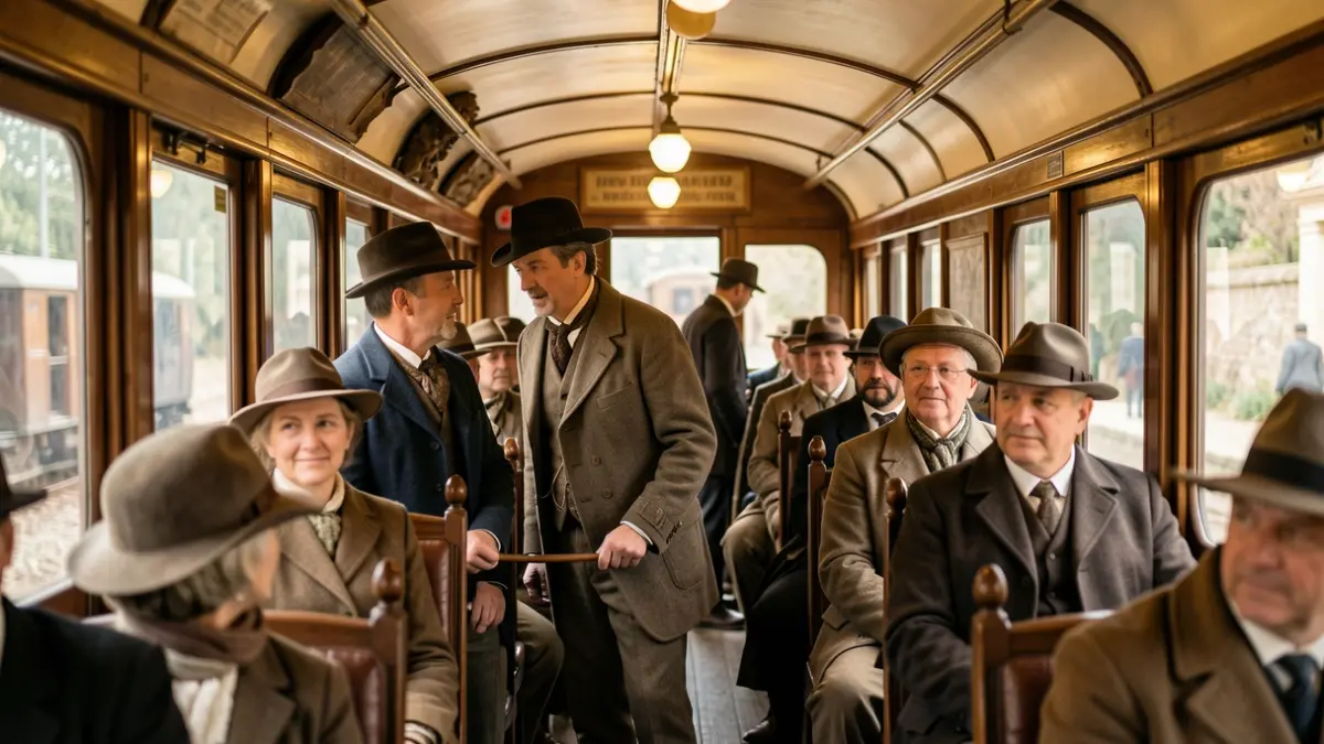 Interior of a historic train carriage with reenactors and passengers, set in the Community of Madrid.