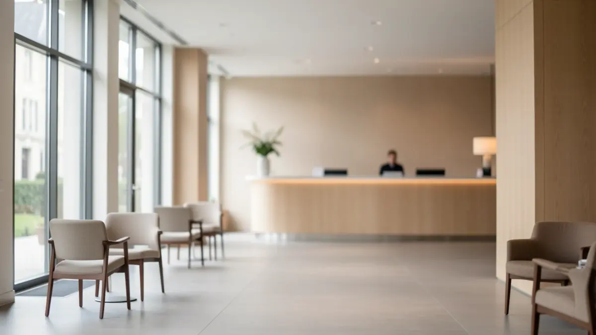 Generic image of an empty hotel lobby with natural light.