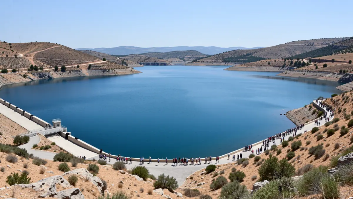 Image of a reservoir in the Comunidad de Madrid with the water level visibly low.