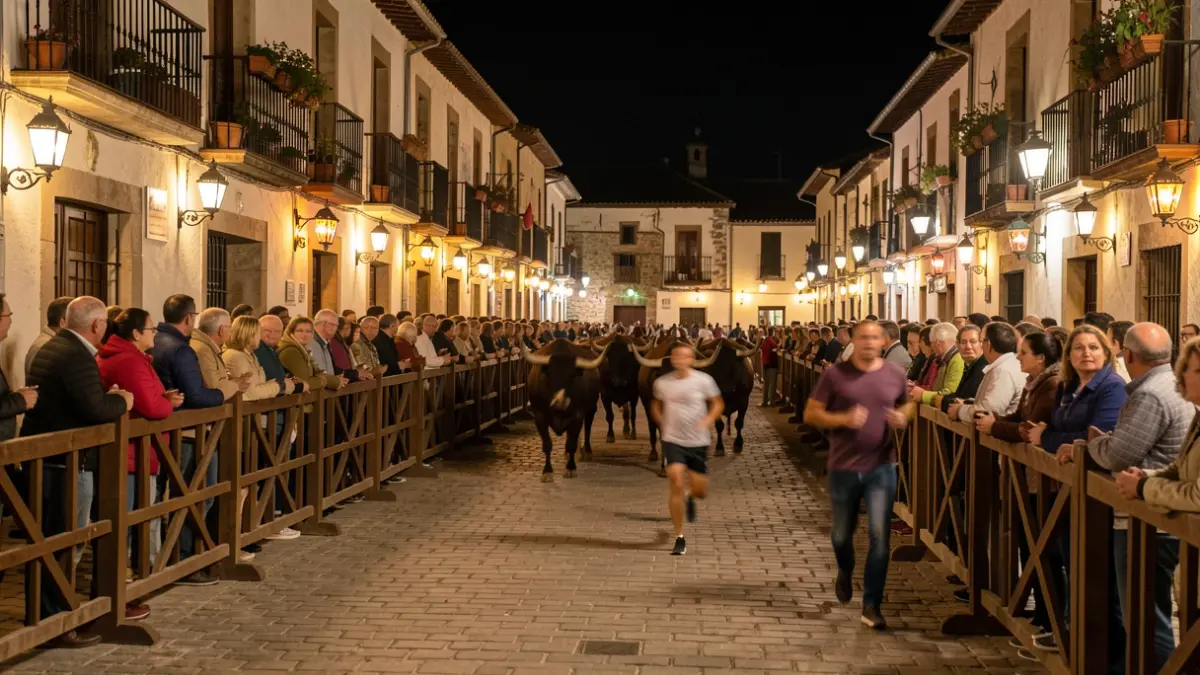 Generic image of a night bull run in a Spanish square with lanterns and runners.