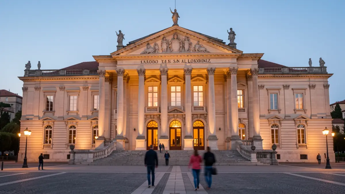 Facade of the Teatro Auditorio de San Lorenzo de El Escorial, a grand cultural venue with classical architecture, illuminated at dusk.