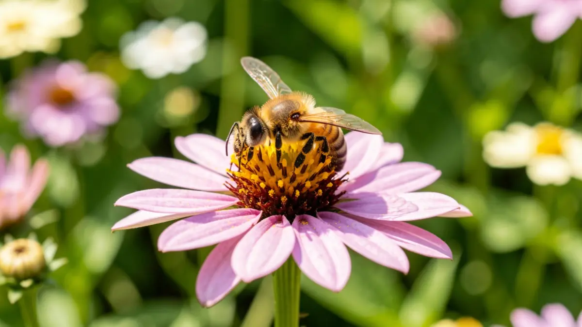 Primer plano de una abeja melífera recolectando polen de una flor.