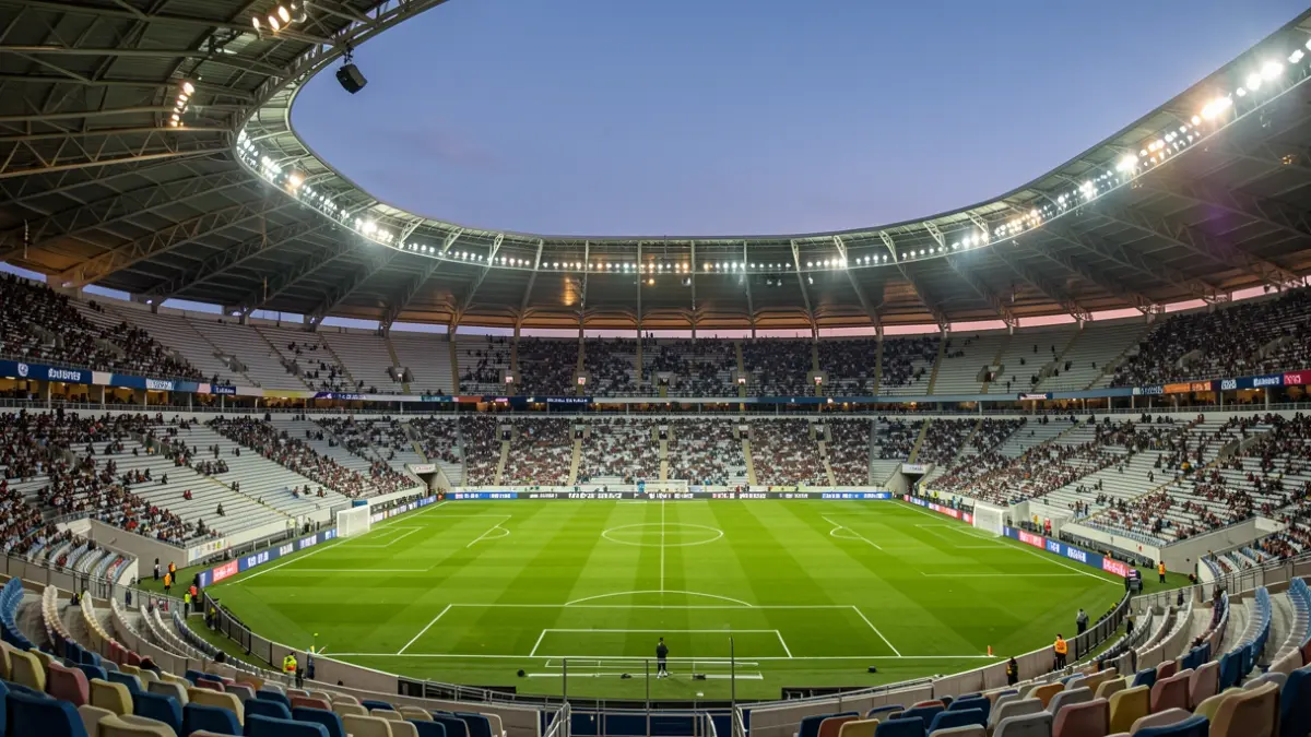 Estadio Riyadh Air Metropolitano en Madrid al atardecer.