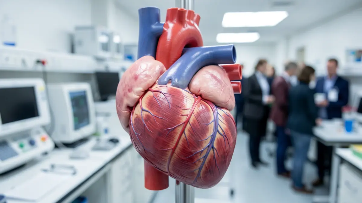 Close-up of a healthy human heart with subtle left ventricular trabeculations, in a medical laboratory setting.