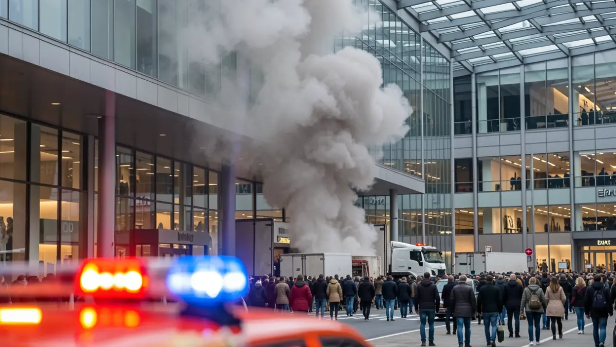 Generic image of a smoke column rising from the loading and unloading area of a shopping mall with emergency lights.