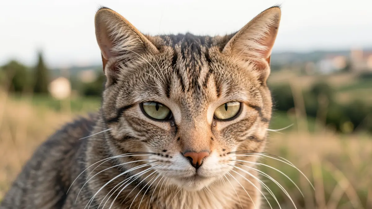 Close-up of a stray cat in a rural setting in the Community of Madrid.
