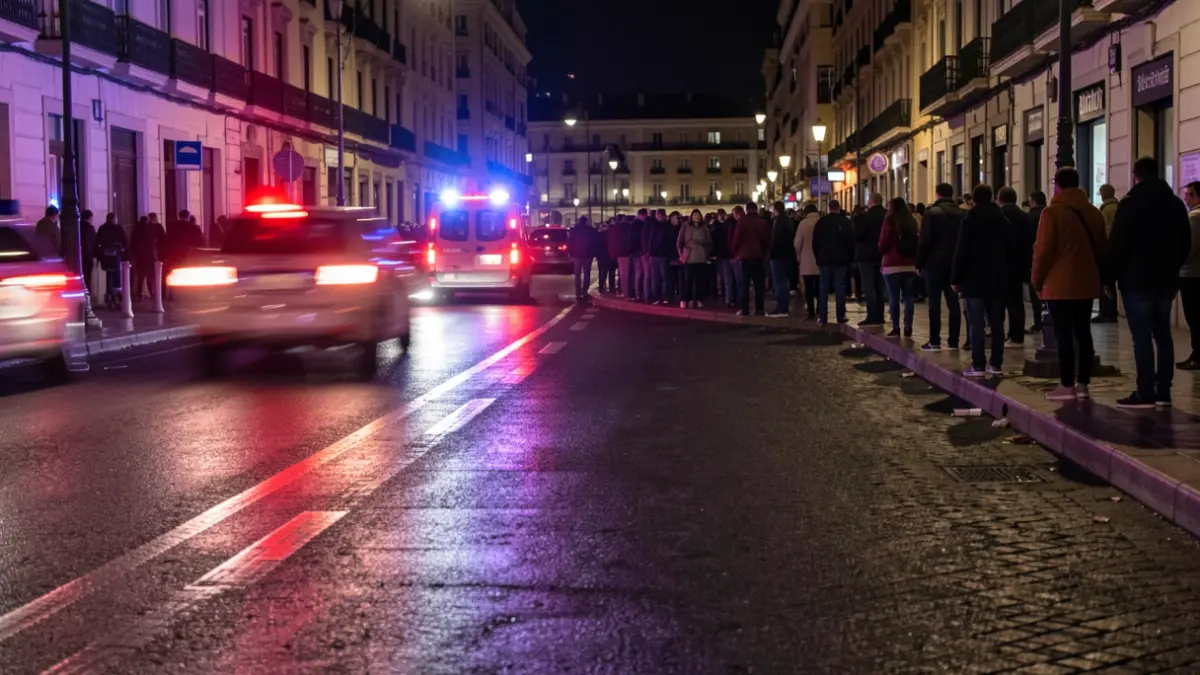 Imagen genérica de luces de emergencia reflejándose en asfalto mojado por la noche en Madrid.