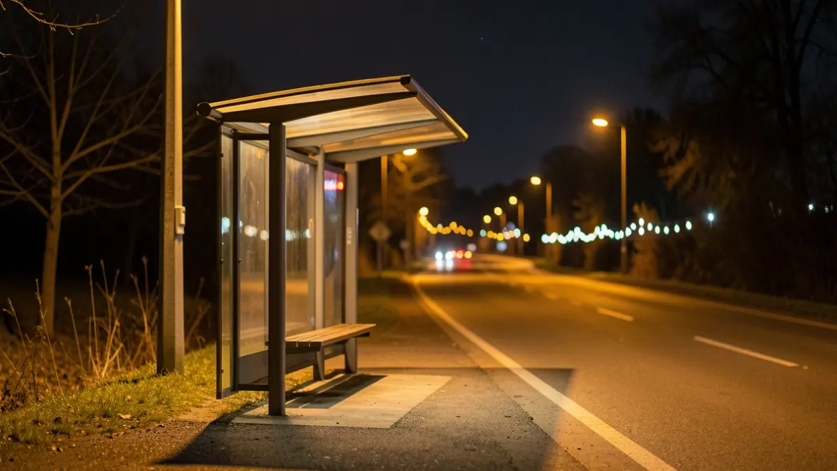 Generic image of a nighttime bus stop with warm lighting.