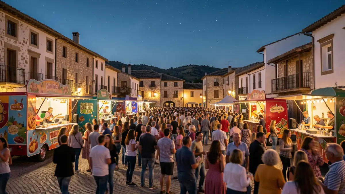 Generic image of a festival at dusk in a Spanish square with food trucks and people enjoying.