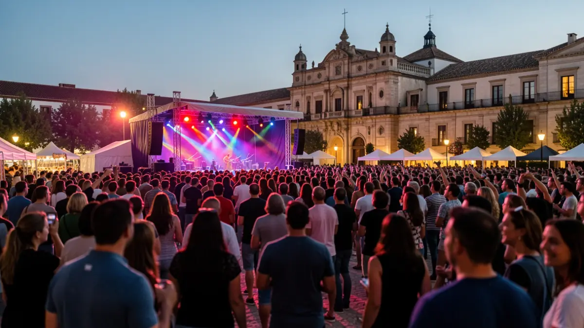 Escena de festival al aire libre en Alcalá de Henares con escenario iluminado y público disfrutando de la música.