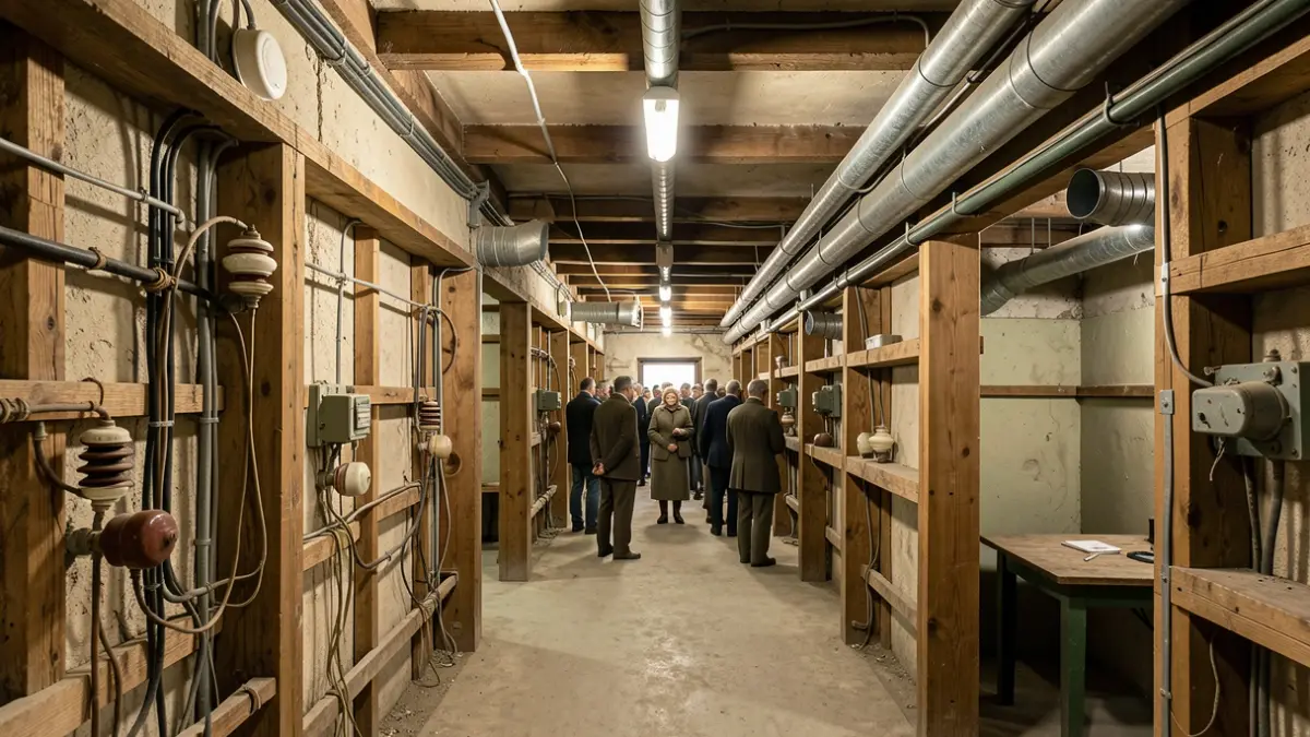 Interior de un refugio antiaéreo histórico de la Guerra Civil Española con elementos originales restaurados y nueva iluminación.