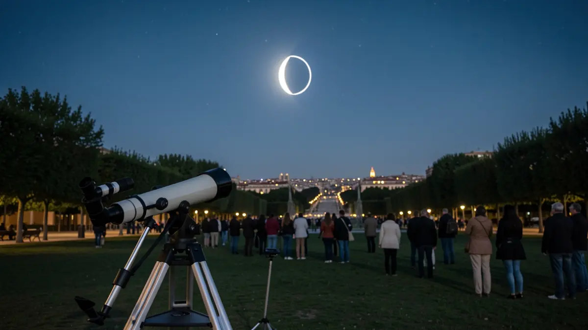 Imagen de un telescopio observando un eclipse solar parcial en el cielo nocturno de Madrid.
