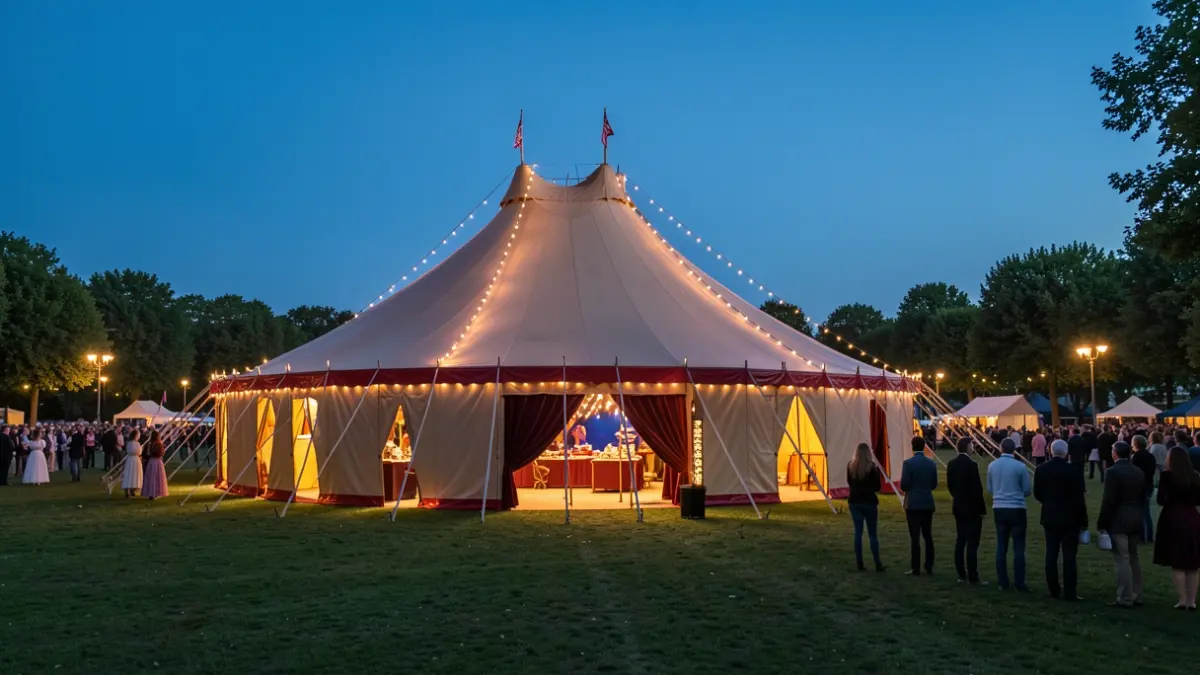 Generic image of a show tent set up in a park at dusk.