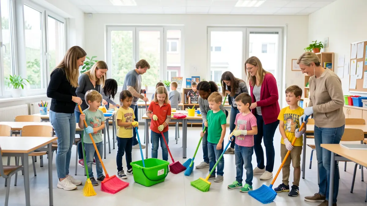 Generic image of children and adults collaborating in cleaning a school classroom.