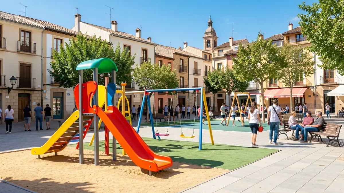 Imagen genérica de un parque infantil moderno en una plaza de un municipio español con zonas para niños y adolescentes.