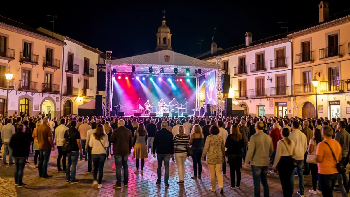 Generic image of a Spanish town square at night with a concert stage and festive lights.