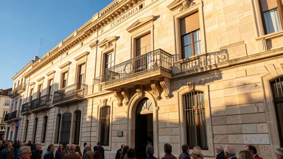 Stone facade of a la Comunidad de Madrid town hall with balcony and iron railings, warm afternoon light.