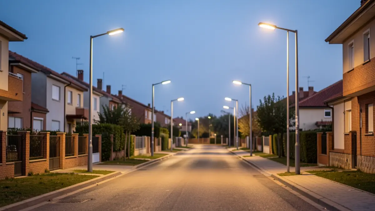 Generic image of a residential street with new LED public lighting technology in Galapagar.