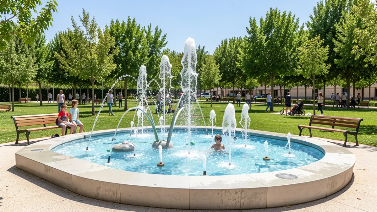 Modern children's fountain in San Isidro Park, Getafe.