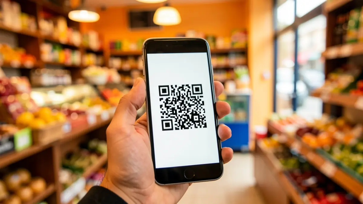 Primer plano de una mano sosteniendo un smartphone con un código QR, con el interior de una tienda local de Getafe al fondo.
