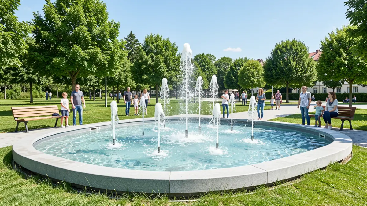 Image of a modern children's water fountain in a park with benches and green areas.