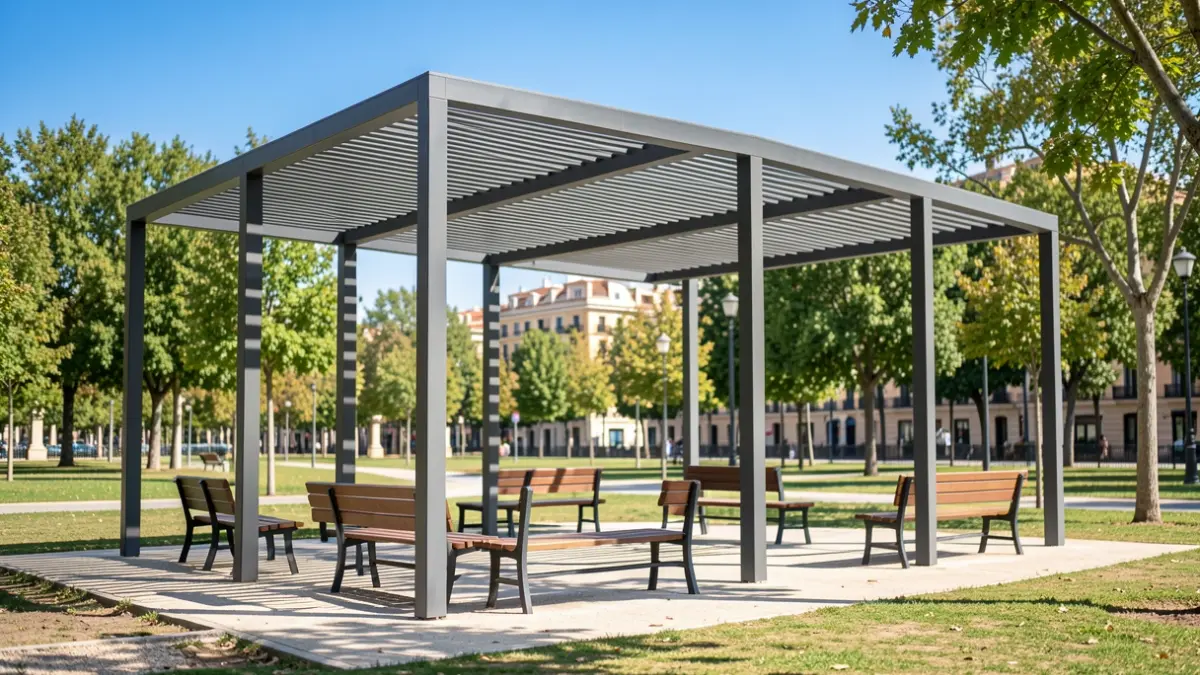 Imagen genérica de una pérgola moderna en un parque público de Madrid.
