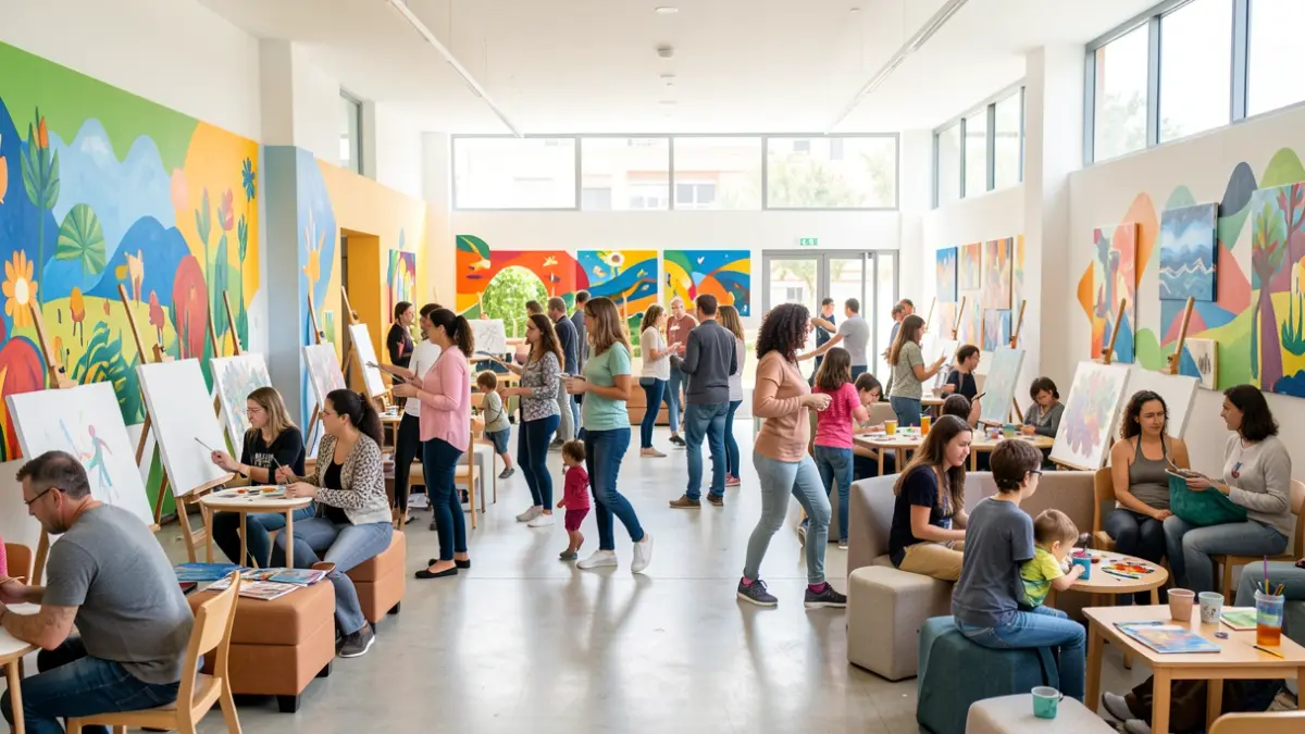 Generic image of a modern community center in Getafe with people participating in activities.