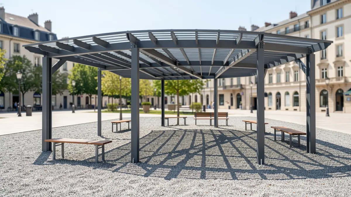 Imagen genérica de una pérgola moderna en un espacio público con bancos.
