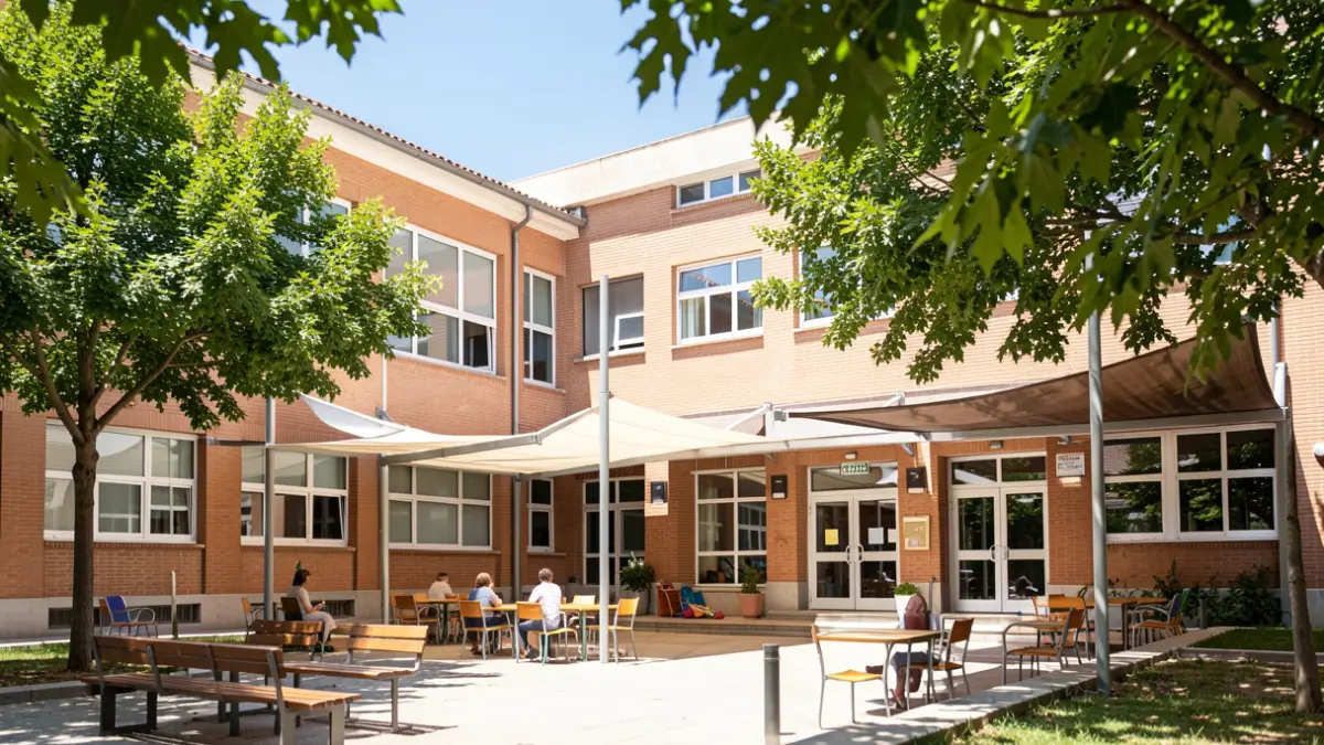 Fachada de un colegio público en Getafe con toldos y árboles nuevos para dar sombra.