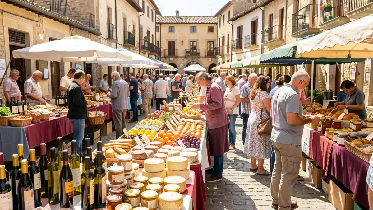 Imagen genérica de un mercado gastronómico al aire libre en una plaza española con puestos de productos locales y gente comprando.