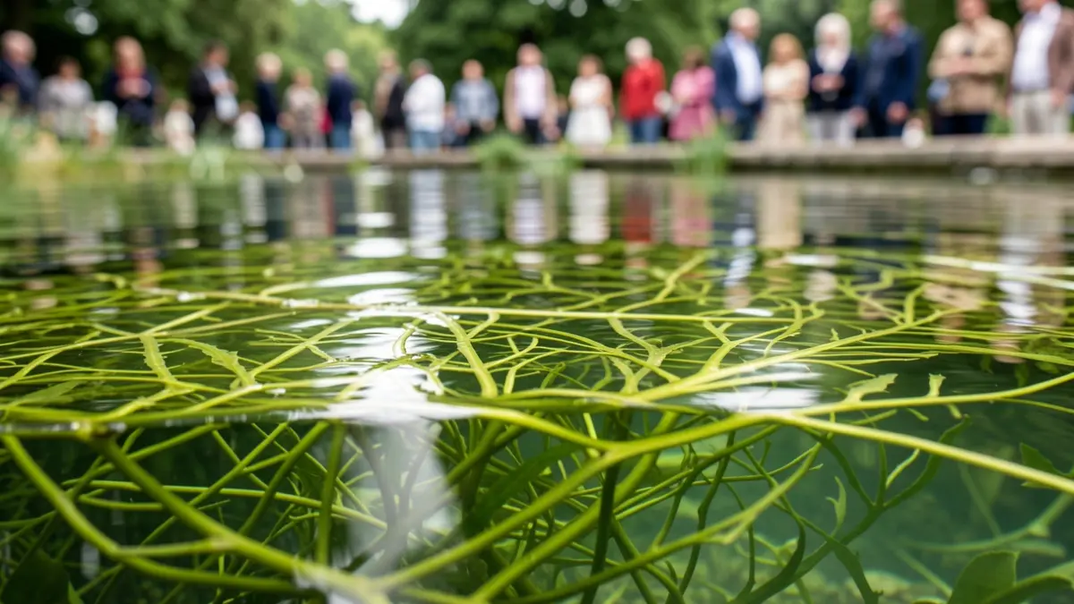 Primer plano de algas carófitas en aguas limpias de una charca naturalizada en Madrid.