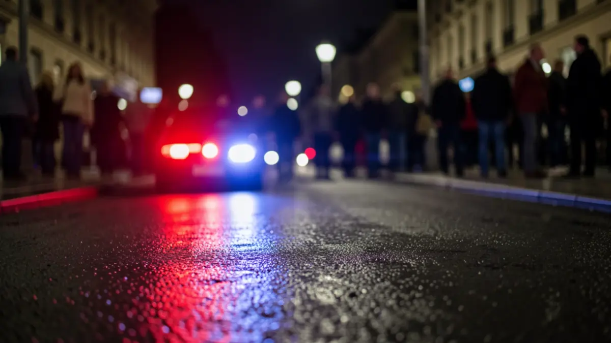 Blurred emergency light reflecting on wet asphalt.
