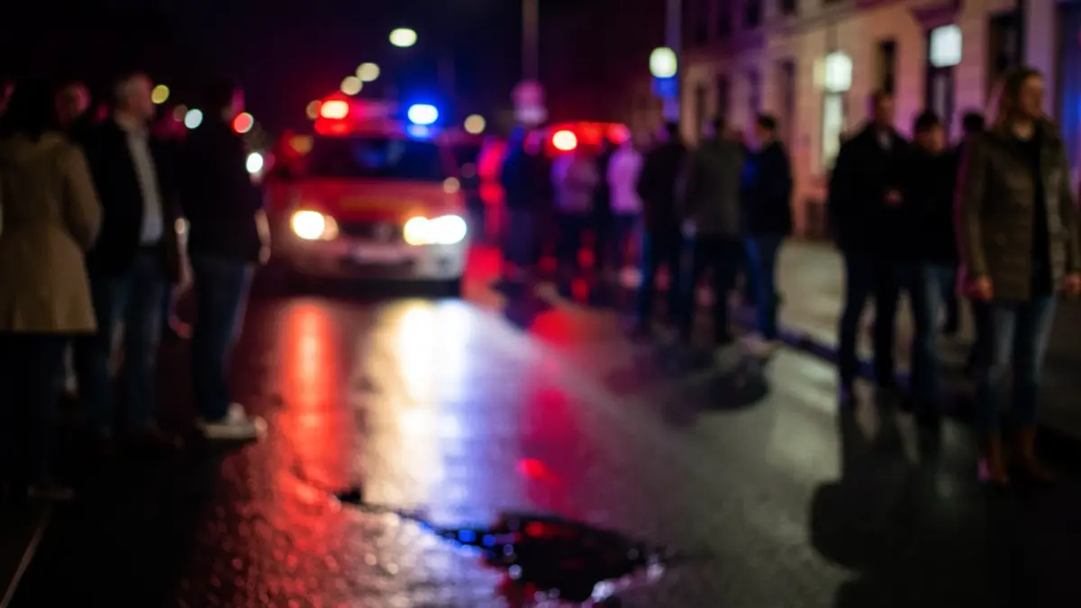 Generic image of emergency lights reflecting on wet asphalt at night.