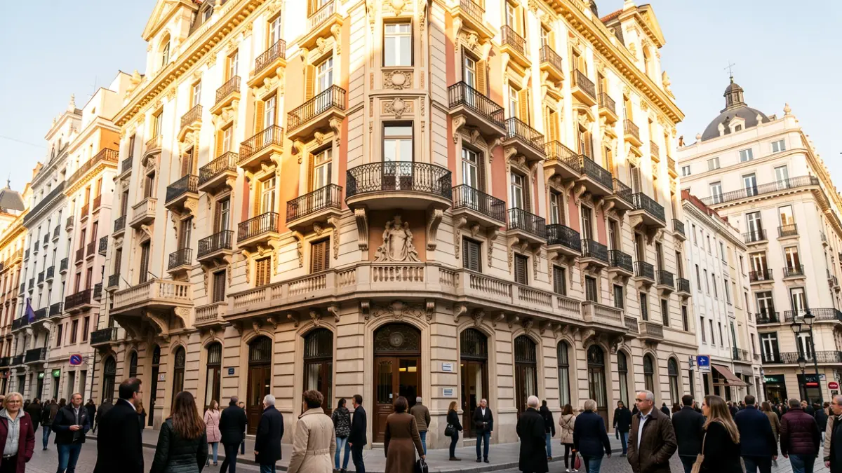 Fachada de un edificio histórico en el centro de Madrid, con detalles arquitectónicos ornamentados y balcones, bajo la luz cálida de la tarde.
