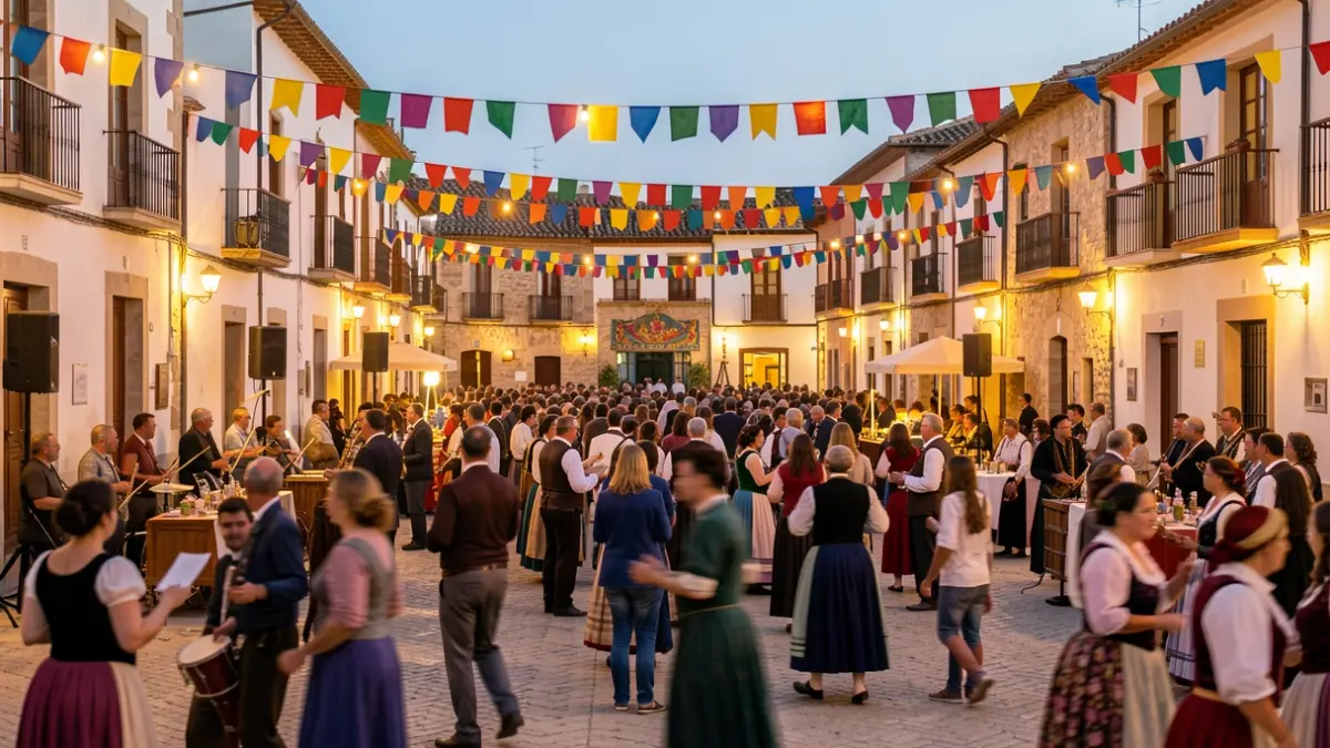 Imagen genérica de una plaza de pueblo con ambiente festivo y luces.