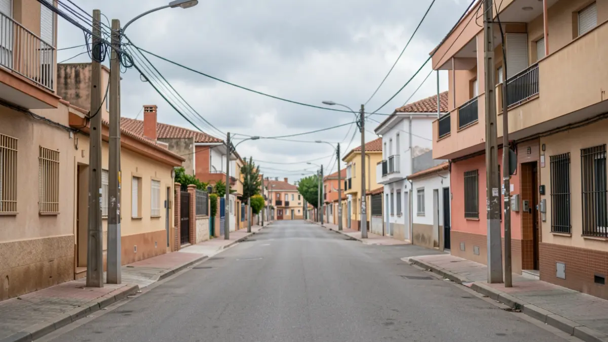 View of two residential streets in Móstoles with utility poles and wires.