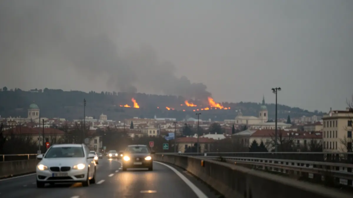 Cielo con humo y llamas de incendios forestales afectando el acceso al aeropuerto de Madrid-Barajas.