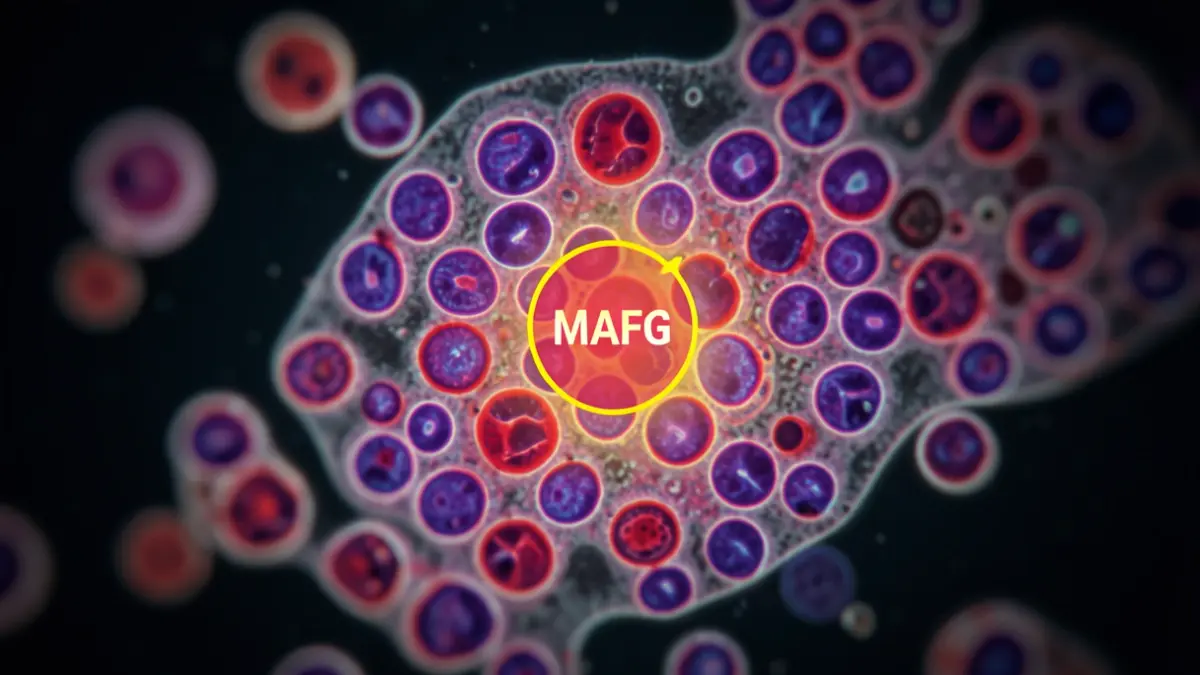 Microscopic representation of melanoma cells with the MAFG protein highlighted.