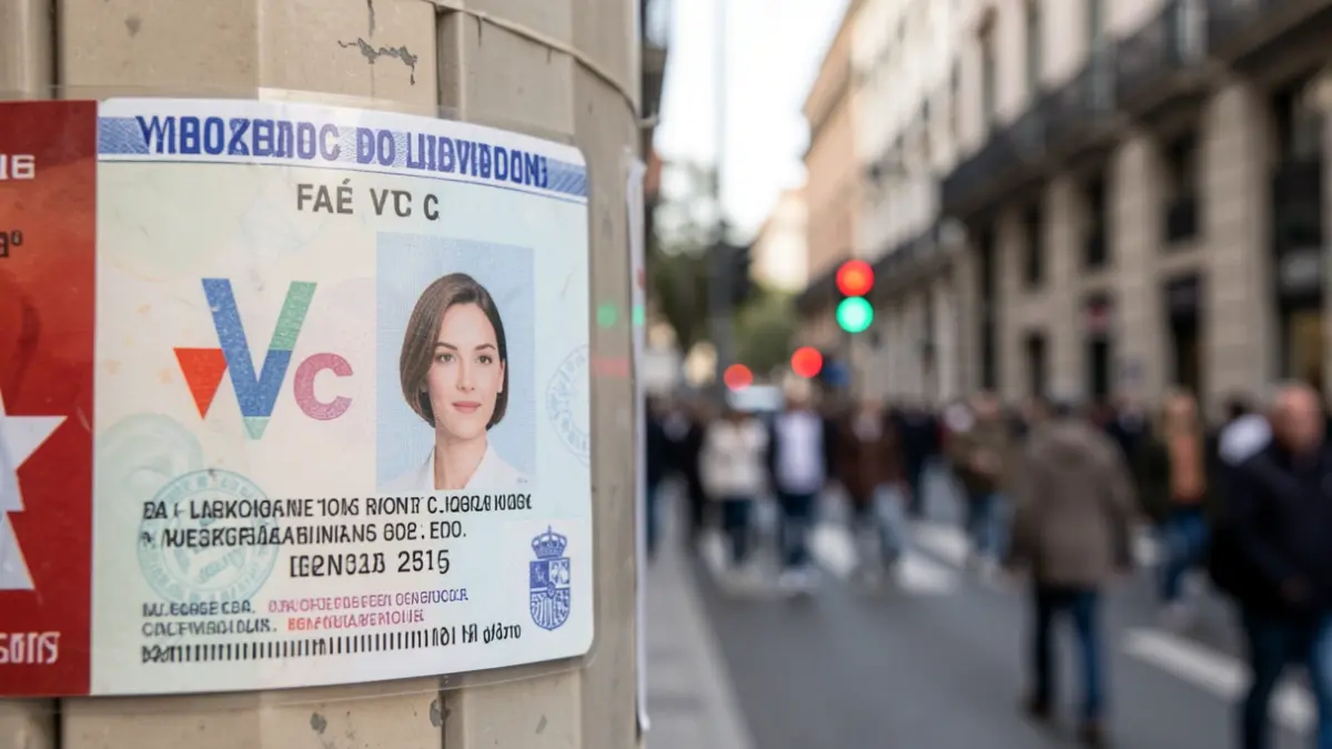 Close-up of a fake VTC sticker with a blurred background of a Madrid street.
