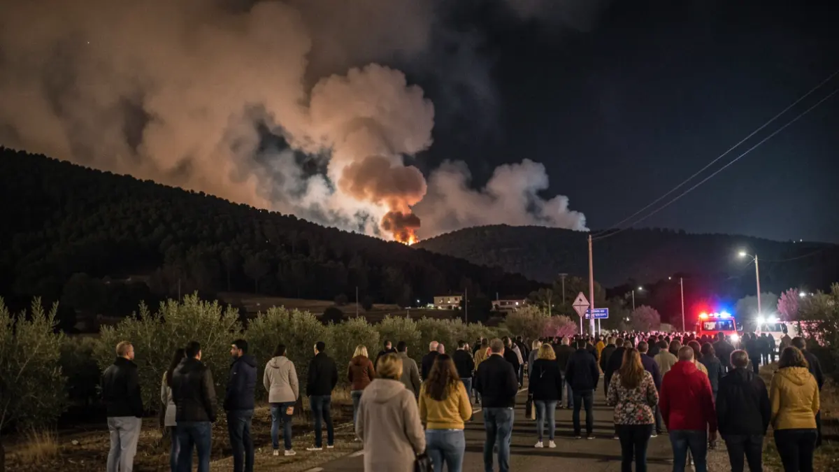 Imagen genérica de humo de un incendio forestal en la Comunidad de Madrid por la noche con luces de emergencia.