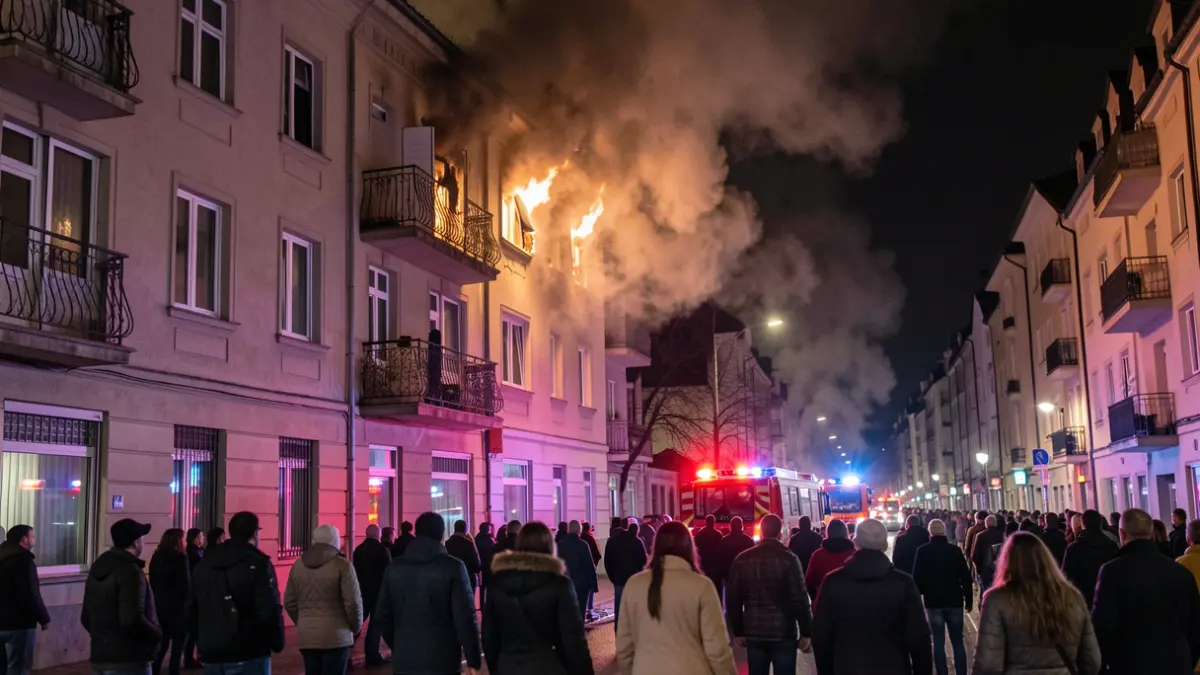 Residential building facade with smoke and flames visible from a fire in Tres Cantos.
